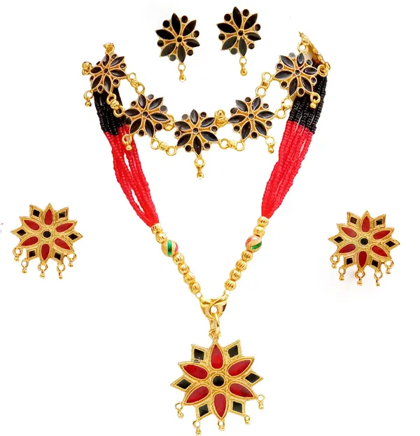 Assamese_Traditional_Gold_Plated_Red_Black_Colour_Combo_Jewellery_Set_For_Women_&_Girls